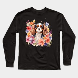 A cavalier king charles spaniel decorated with beautiful watercolor flowers Long Sleeve T-Shirt